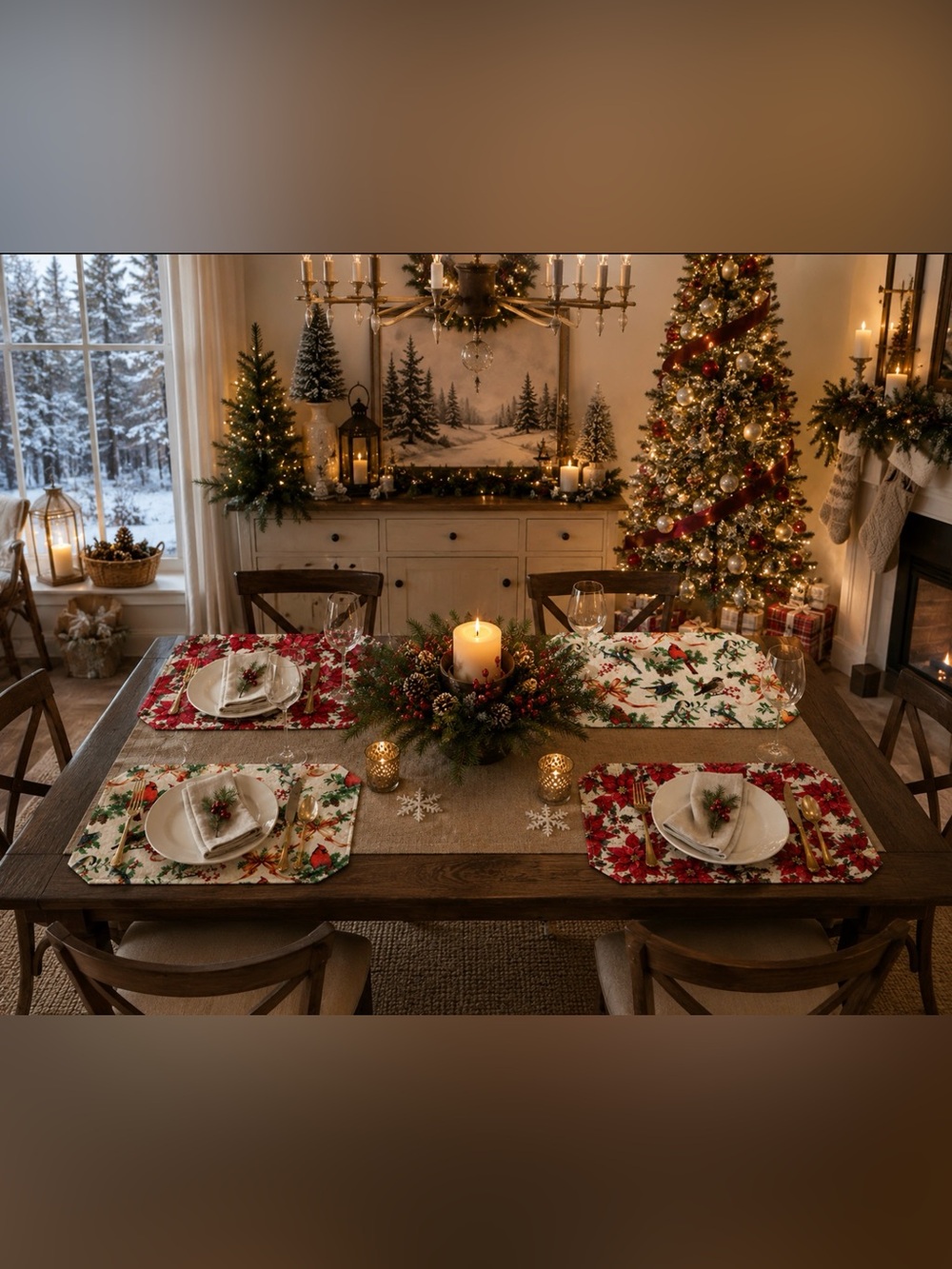 Reversible Set of 4 Placemats Poinsettia One Side Birds on Reverse Beautiful!